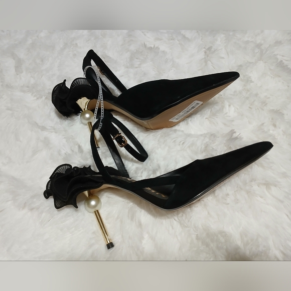Black Suede Ankle Strap Dress Pumps with 3.5" gold-tone heels & ruffle detail - Picture 5 of 11